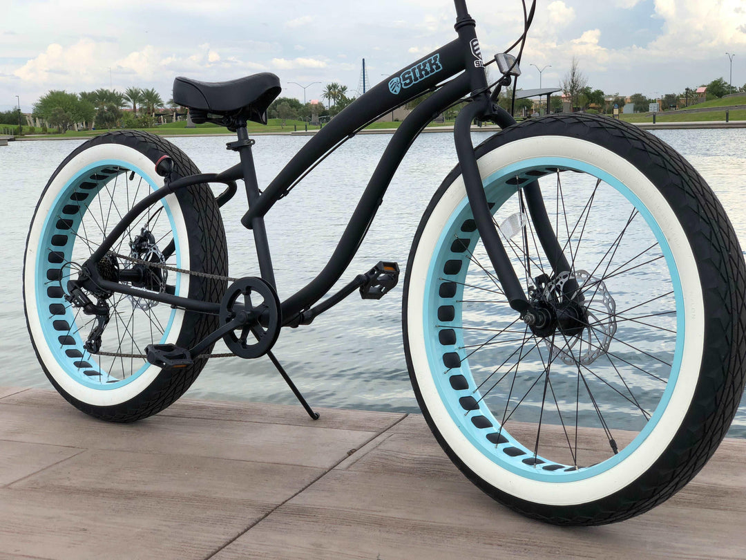 SIKK Ladies UFO Fat Tire 7 Speed Cruiser Flat Black Frame Teal Wheels Whitewall Tires - SIKK BICYCLES